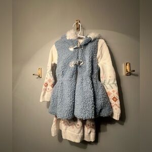 Cozy Sweater Dress with a blue sleeveless hooded coat
Size 4